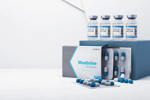 kit de autoteste covid-19 com vacina e medicamento em fundo branco. renderização em 3D foto