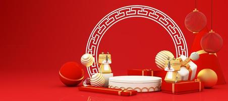vitrine de produtos de pódio vermelho e branco estilo ano novo chinês com ouro e presente, lanterna, fundo de cena padrão de china. 2022 conceito de festival tradicional do feriado do ano do tigre. renderização em 3D foto