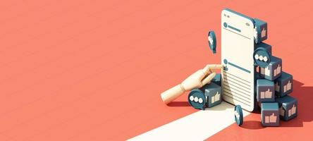 marketing digital, análise da web e conceito de mídia social de marketing com jogo, mensagem de bate-papo, ícone de amor, lupa e barra de exibição e fundo amarelo da tela do telefone. ilustração de renderização 3D foto