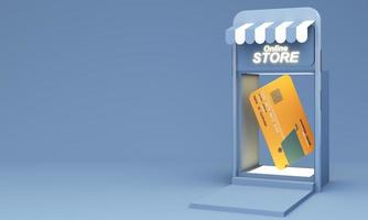 close-up de compras on-line design no cartão de crédito, levitando modelo maquete cartão de crédito do banco com serviço online isolado no fundo rosa, moeda digital, carteira, cópia espaço renderização em 3d foto