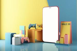 telefone celular representa compras on-line no conceito de aplicativo de tela móvel marketing digital com gamepad e console de videogame em cores pastel e barra de estatísticas renderização em 3d foto