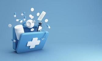 medicamentos simples para a categoria de farmácia inclui curativo de feridas, caixa de comprimidos, estetoscópio e vacina com e muitos comprimidos e cápsulas. na ilustração de renderização 3d azul foto