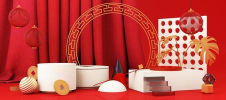 vitrine de produtos de pódio vermelho e branco estilo ano novo chinês com ouro e presente, lanterna, fundo de cena padrão de china. 2022 conceito de festival tradicional do feriado do ano do tigre. renderização em 3D foto
