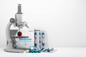kit de autoteste covid-19 com vacina e medicamento em fundo branco. renderização em 3D foto