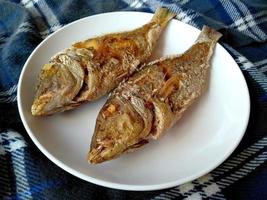 ikan goreng ou peixe frito em um prato. comida culinária indonésia foto