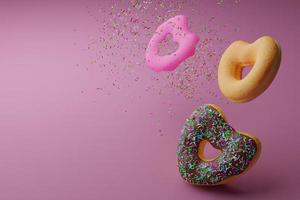 coração em forma de dois donuts rosa com cobertura em fundo colorido, rosquinha renderização em 3d foto