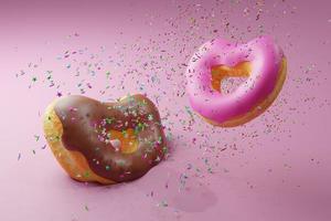 coração em forma de dois donuts rosa com cobertura em fundo colorido, rosquinha renderização em 3d foto