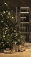 árvore de natal e sala de estar de design de interiores de luxo com iluminação noturna, lareira, parede de TV de mármore e teto de madeira. Ilustração 3D render. foto