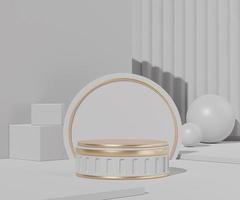 renderização 3D do pódio de ouro branco com formas geométricas. palco de desfile de moda, pedestal, vitrine com tema clean. cena mínima para exibição do produto. foto