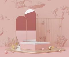 3d abstrato de exibição de pódio vazio para produtos e apresentação cosmética e mock up. pedestal ou vitrine de cor coral rosa com formas geométricas mínimas. cena colorida. foto