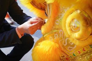 homem de negócios asiáticos decora placa de ouro para artefato leão da china amarela. foto