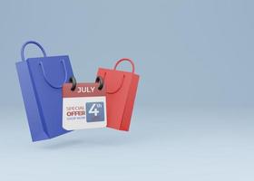 renderização 3D de sacola de compras e ícones de calendário, conceito de desconto de compras em 4 de julho dia da independência americana foto