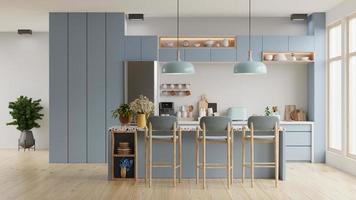 interior da cozinha azul moderna com móveis, interior da cozinha com parede branca.