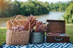 piquenique situado no parque perto do rio, flores secas, cestas garrafa de vinho, livro e disco de vinil de gramofone retrô. conceito de verão, primavera e férias foto