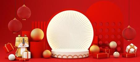 vitrine de produtos de pódio vermelho e branco estilo ano novo chinês com ouro e presente, lanterna, fundo de cena padrão de china. 2022 conceito de festival tradicional do feriado do ano do tigre. renderização em 3D