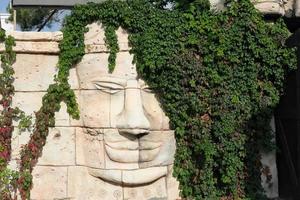 parede velha com escultura de rosto e hera parecendo cabelo. foto