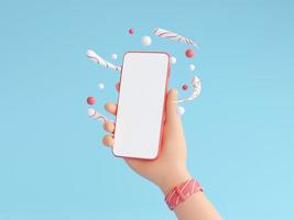mão humana segurando o celular com ilustração de renderização 3d de tela vazia branca. foto
