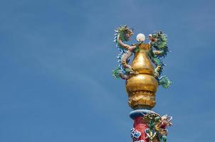 escultura de dragões em um pilar com fundo de céu azul. a foto é tirada do santuário chao pu-ya do lugar público, udon thani tailândia.