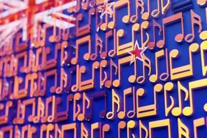 notas musicais alinhadas em fileiras uniformes contra o pano de fundo da bandeira nacional da nova zelândia. o conceito do hino nacional, música. ilustração 3D foto