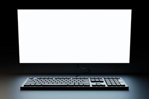 Ilustração 3D, close-up do teclado realista de computador ou laptop com uma janela de pesquisa em fundo preto. teclado gamer com retroiluminação led foto