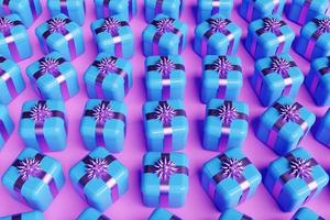 Presentes de ilustração 3D em uma linda caixa de embalagem azul, um laço de fita de cetim alinhado em belas linhas uniformes em um fundo azul. padrão de conjuntos de presente. foto
