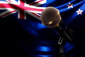 microfone no fundo da bandeira nacional da austrália, ilustração 3d realista. prêmio de música, karaokê, rádio e equipamentos de som de estúdio de gravação foto