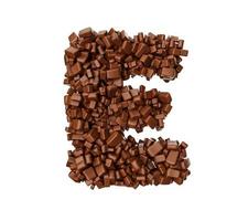letra e feita de pedaços de chocolate pedaços de chocolate letra do alfabeto e ilustração 3d foto