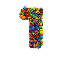 dígito 1 de doces multicoloridos do arco-íris festivos isolados no fundo branco uma letra 3d ilustração foto