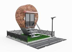 ilustração 3D de um símbolo de localização de restaurante em casa com gramado e pequeno jardim bonito na estrada no bairro agradável foto