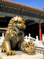 estátua de leão dourado, cidade proibida, beijing foto