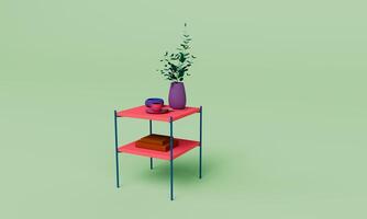 3d renderizar pequena prateleira de mesa com pequena planta e livro foto