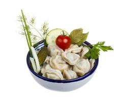 tigela com prato tradicional russo - pelmeni foto