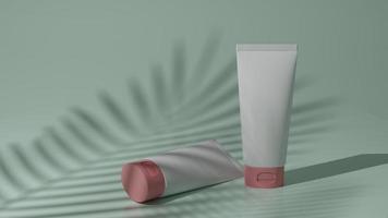 várias maquetes de recipiente cosmético em branco sombra guarda-sol na parede bege, creme plástico tube.beauty product.background para apresentação do produto.3d render ilustração. foto