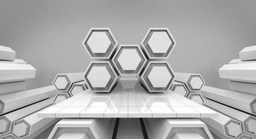 hexágono futurista branco e fundo de palco vazio, renderização em 3d foto