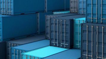 pilha de caixa de contêineres azuis, navio de carga para exportação de importação, renderização em 3d foto