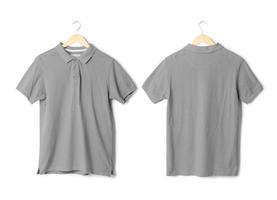 maquete de camisa polo cinza realista pendurada frente e vista traseira isolada no fundo branco com traçado de recorte foto