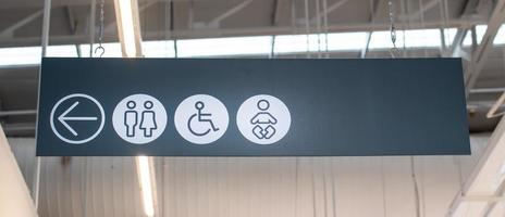 sinal para o banheiro à esquerda é um símbolo preto e branco é pendurado para ver. a placa contém símbolos de seta à esquerda, mulheres, homens, pessoas com deficiência e crianças. foco seletivo. fundo desfocado foto