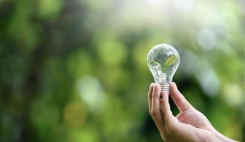 mão segurando lâmpadas e sustentabilidade ambiental de plantas em crescimento salvam o conceito de ecologia limpa do mundo. banner do dia da terra com espaço de cópia. foto