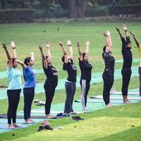 nova delhi, índia, 18 de junho de 2022 - aula de exercícios de ioga em grupo para pessoas de diferentes idades no lodhi garden park. dia internacional de ioga, grande grupo de adultos participando de uma aula de ioga lá fora no parque foto