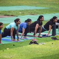 nova delhi, índia, 18 de junho de 2022 - aula de exercícios de ioga em grupo para pessoas de diferentes idades no lodhi garden park. dia internacional de ioga, grande grupo de adultos participando de uma aula de ioga lá fora no parque foto