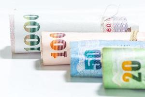 notas de dinheiro tailandês no fundo branco. foto