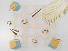 3D render de formas geométricas abstratas premium e decoração de cascalho de luxo pastel com folhas tropicais em fundo branco. foto