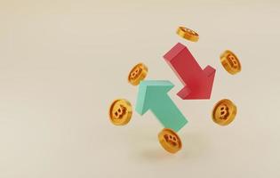 seta verde do gráfico apontando para cima e seta vermelha apontando para baixo moedas de bitcoin flutuando ao redor. foto