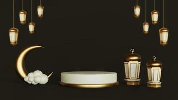 saudações islâmicas do ramadã, composição com lua crescente 3d e lanternas árabes foto