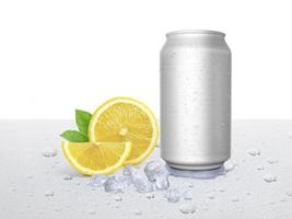 lata de bebida gelada, cubo de gelo e pedaços de limão suculento. bebida refrescante de verão foto