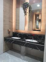 lavatório feito de mármore de cor marrom no balcão superior e torneira de água com sensor automático, distância social foto