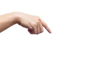 dedo de mão masculina apontar para baixo toque gusture isolado no fundo branco foto