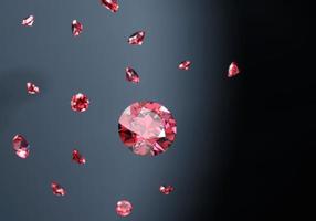 Grupo de diamantes de gema de rubi caindo de fundo de foco suave bokeh renderização em 3d foto