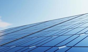 central de energia solar com painéis solares para produção de energia elétrica por energia verde com fundo de céu azul. tecnologia e conceito de usina industrial elétrica. renderização de ilustração 3D foto
