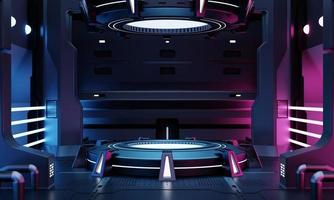 Vitrine de pódio de produtos de ficção científica cyberpunk na sala vazia da nave espacial com fundo azul e rosa. tecnologia espacial cosmos e conceito de objeto de entretenimento. renderização de ilustração 3D foto